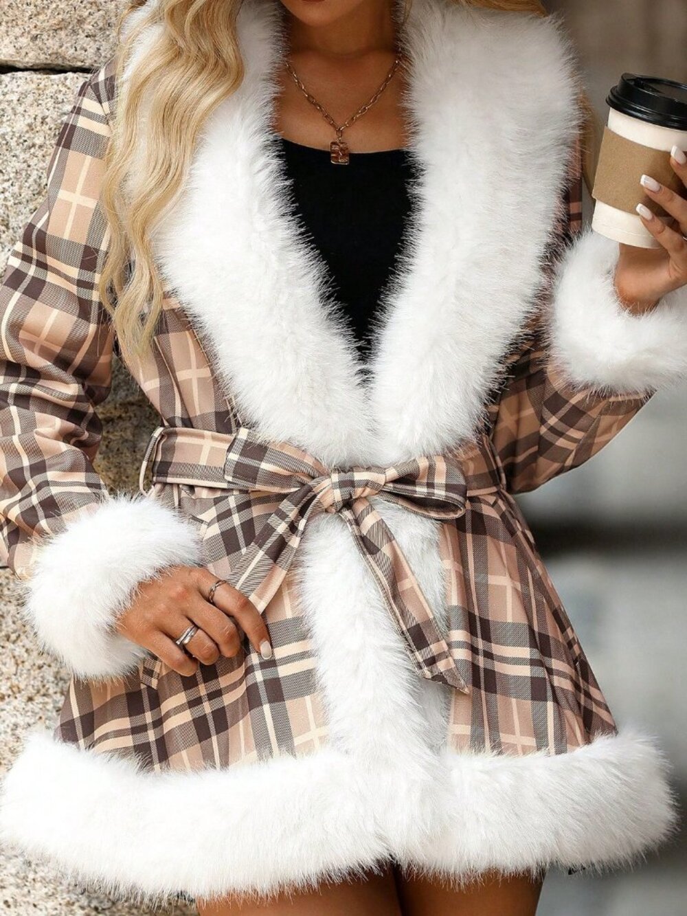 Khaki Casual Women's Elegant Plaid Fur Collar Cinched Waist Jacket - Picture 6 of 8